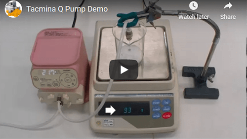 Tacmina Q Series laboratory pump video demonstration thumbnail featuring the pink lab pump in Tacmina's Q Series